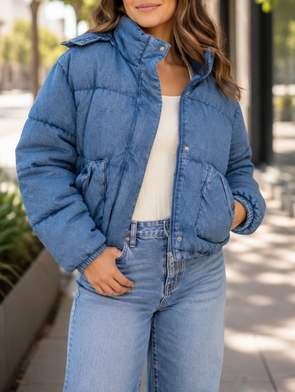 NWT Levi's 100% Cotton Denim Look Navy Puffer Jacket Hooded Quilted Snap Zip
